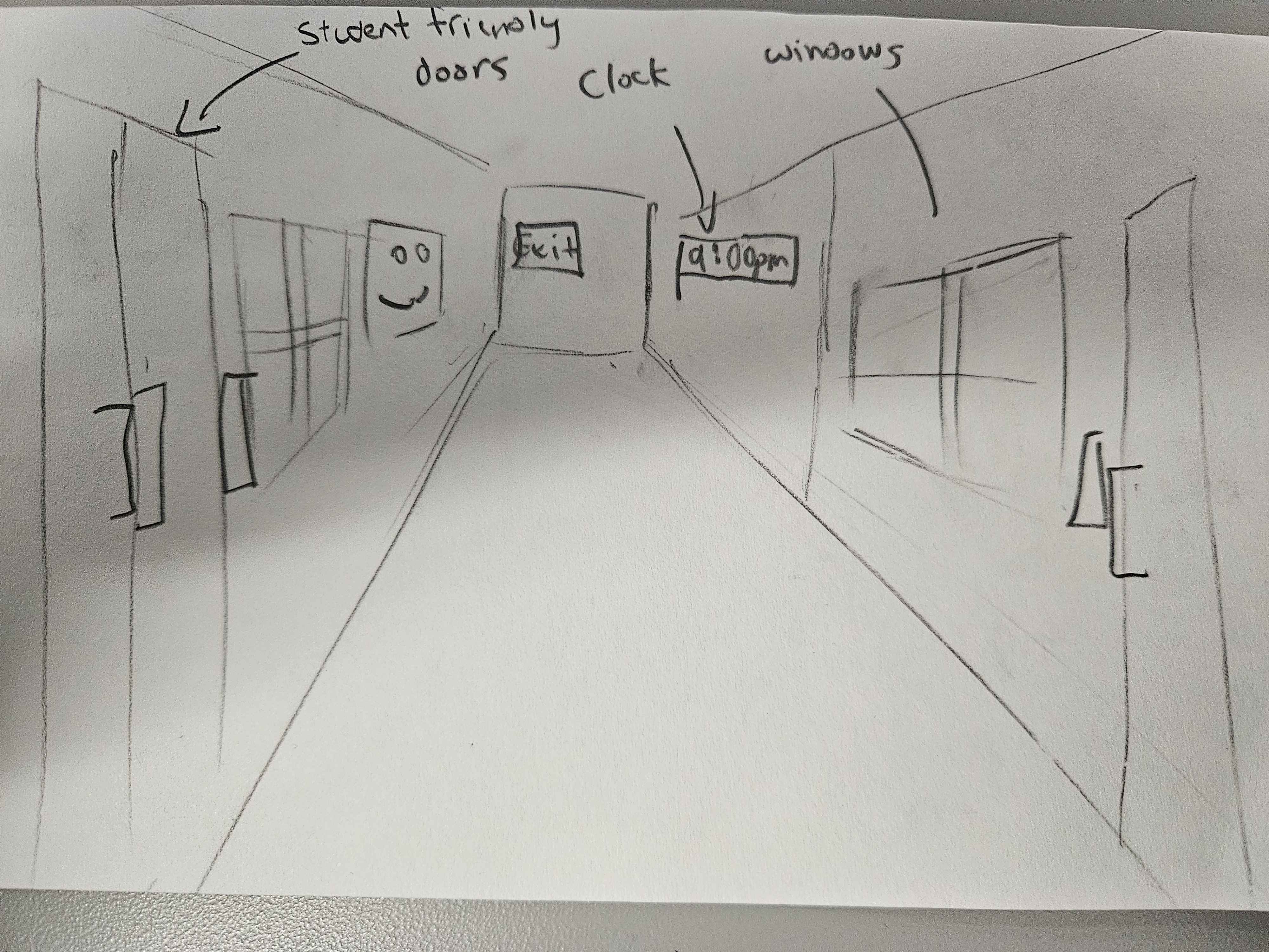 we explored friendlier ways to create a student and staff friendly hallway. Adding more student artwork and adding signages alongside with a clock helps uplift the dimness of the hallway. We also added more friendlier doors for students to understand that it is an classroom and not restricted off. Adding windows provides quality of life in the hallway as it provides the sense of being around people and that you're not walking alone in a very dim hallway.